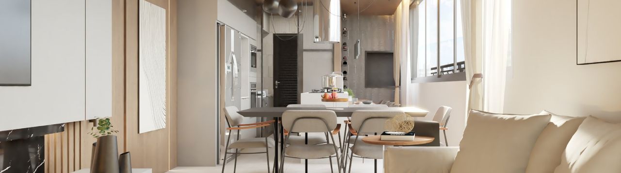Estar, jantar e cozinha integrados do Apartamento Caju, com forro e painéis de madeira e luz natural