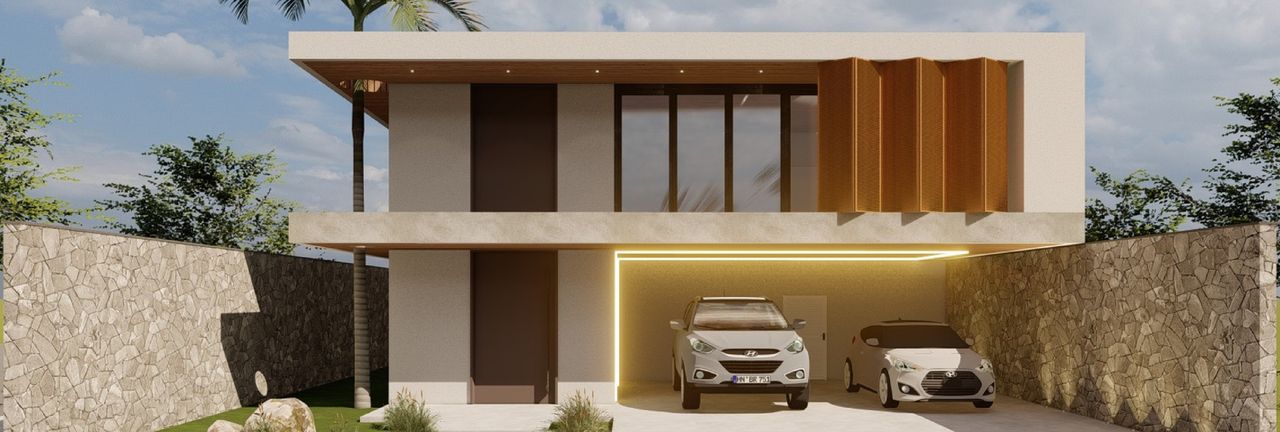 Fachada da residência de dois pavimentos com brises de madeira, muros de pedra e garagem iluminada