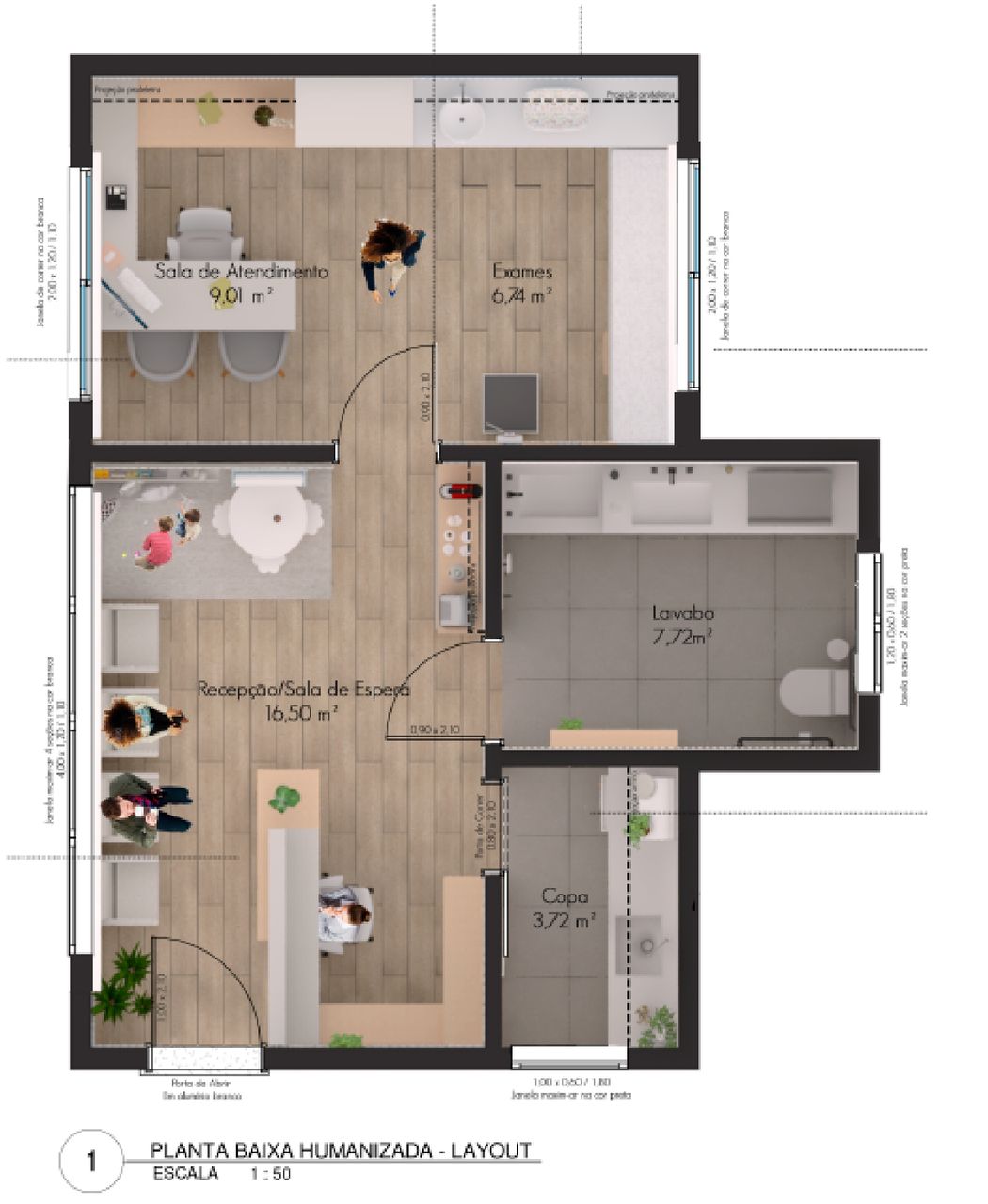Planta humanizada do consultório com recepção, sala de atendimento, exames, lavabo e copa